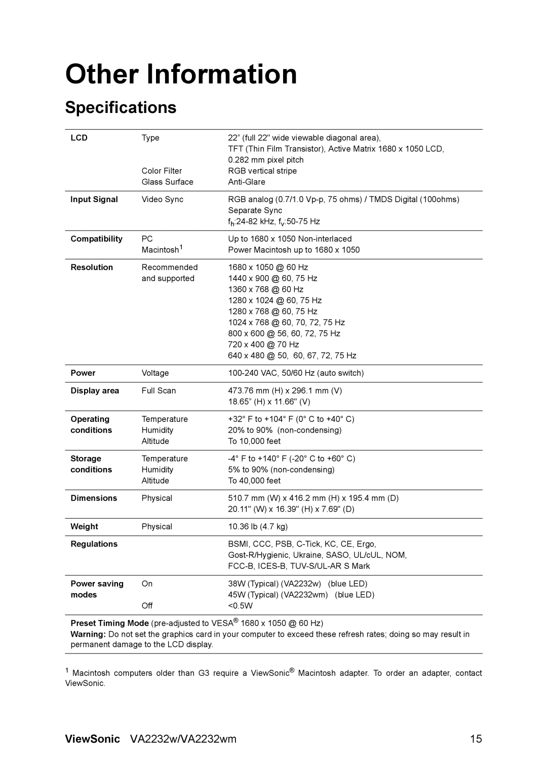 ViewSonic VA2232WM warranty Other Information, Specifications 