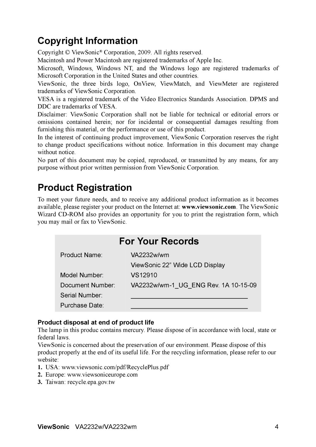 ViewSonic VA2232W Copyright Information, Product Registration For Your Records, Product disposal at end of product life 