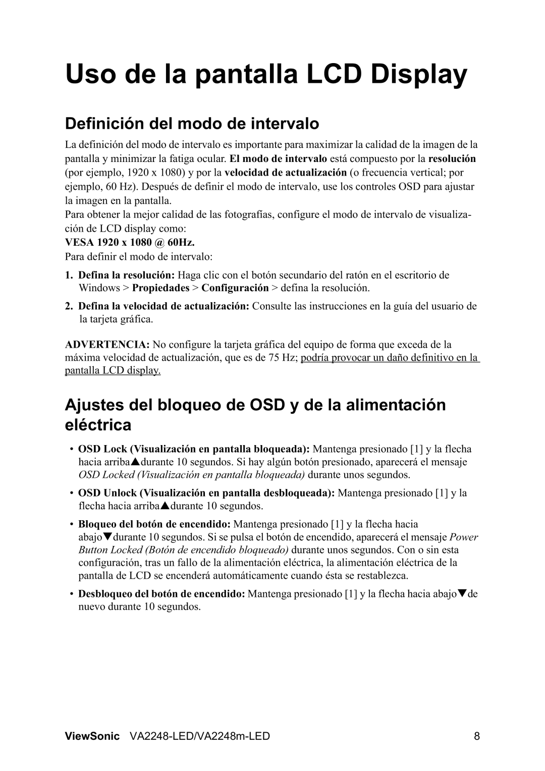 ViewSonic VA2248-LED/VA2248m Definición del modo de intervalo, Ajustes del bloqueo de OSD y de la alimentación eléctrica 