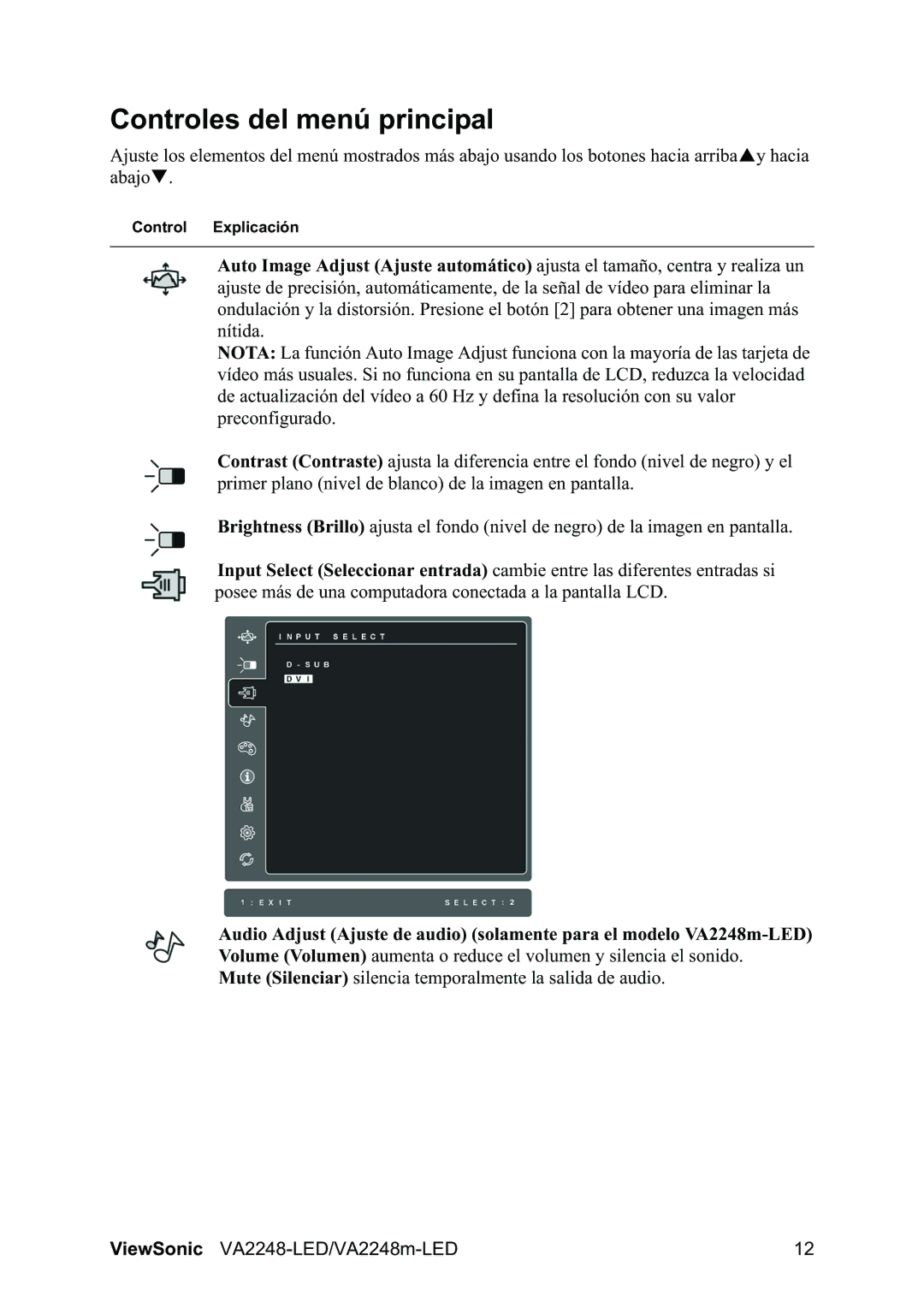 ViewSonic VA2248-LED/VA2248m manual Controles del menú principal 