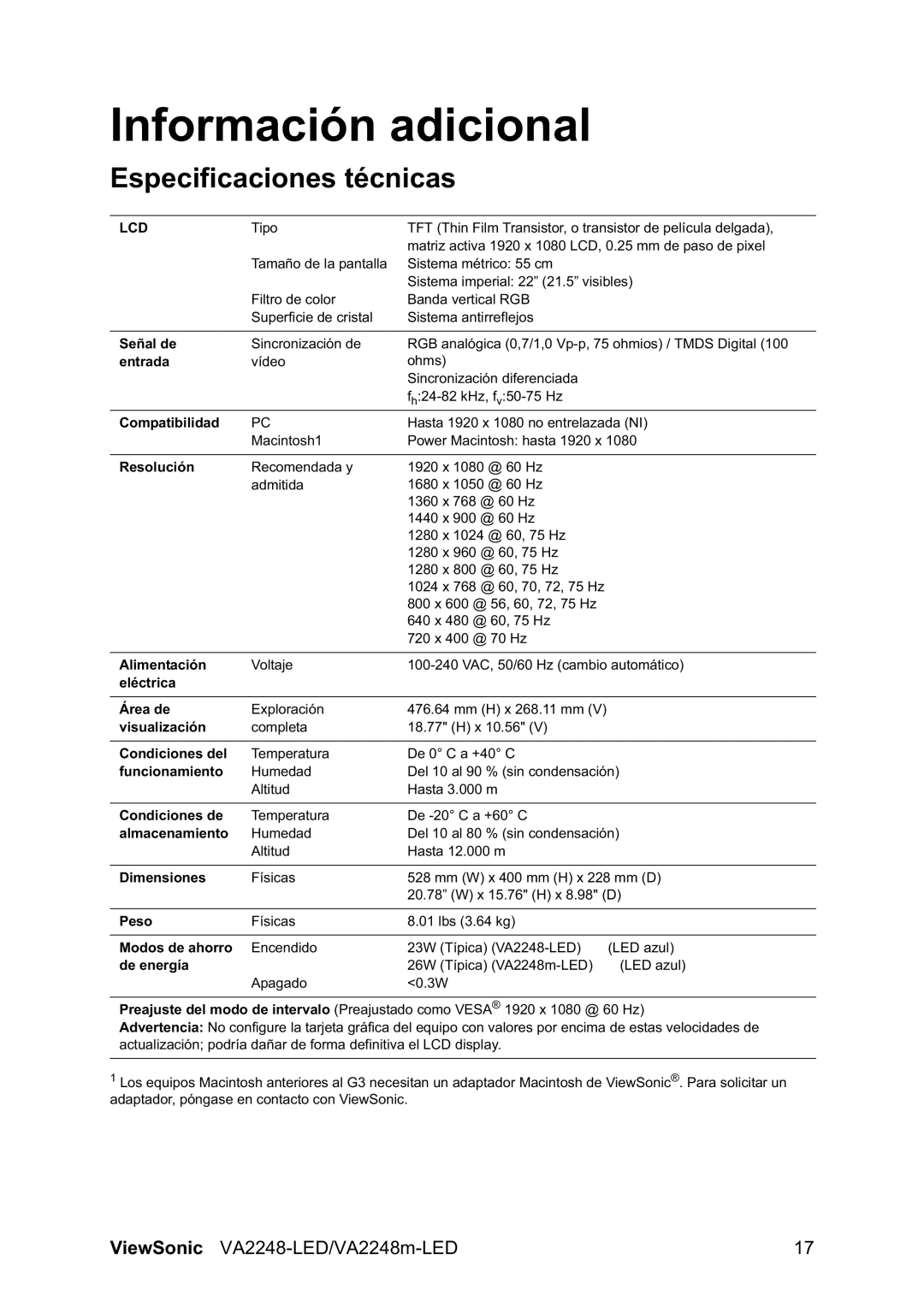 ViewSonic VA2248-LED/VA2248m manual Información adicional, Especificaciones técnicas 