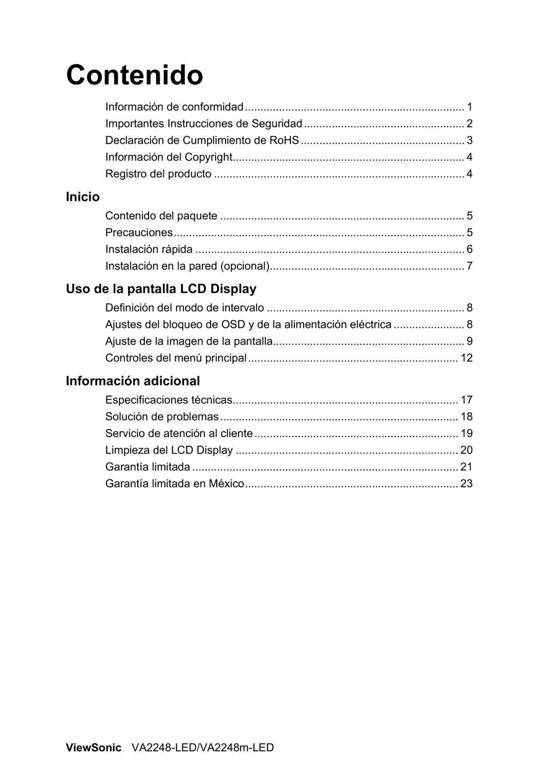 ViewSonic VA2248-LED/VA2248m manual Contenido 