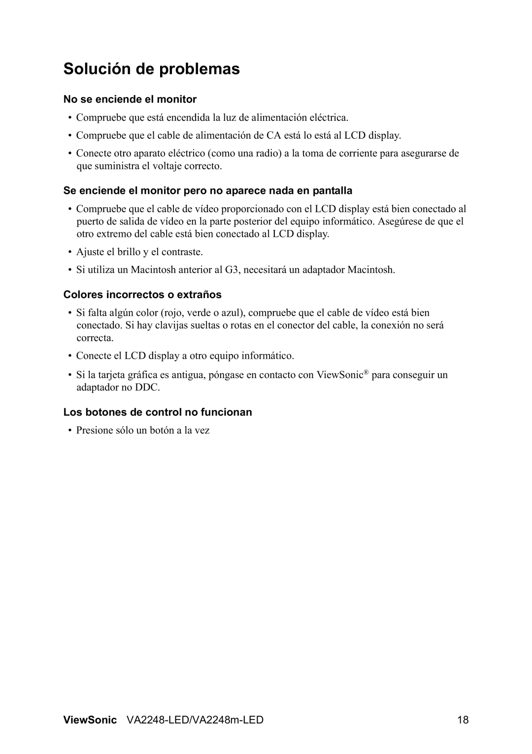 ViewSonic VA2248-LED/VA2248m manual Solución de problemas, No se enciende el monitor, Colores incorrectos o extraños 