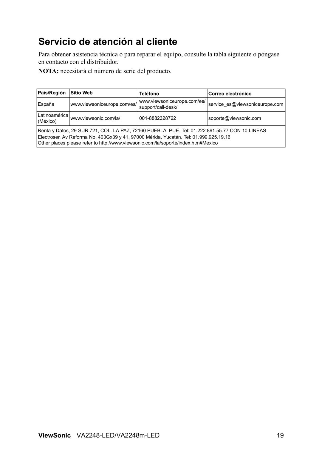 ViewSonic VA2248-LED/VA2248m manual Servicio de atención al cliente, País/Región Sitio Web Teléfono Correo electrónico 