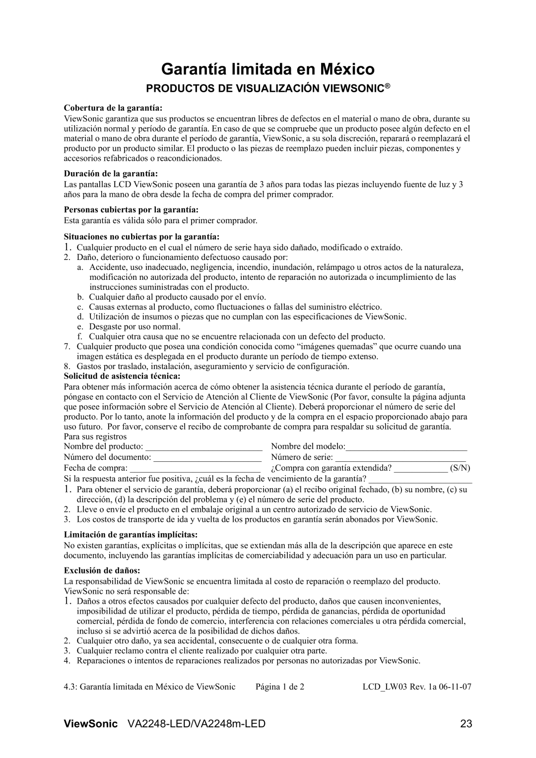 ViewSonic VA2248-LED/VA2248m manual Garantía limitada en México, Productos DE Visualización Viewsonic 