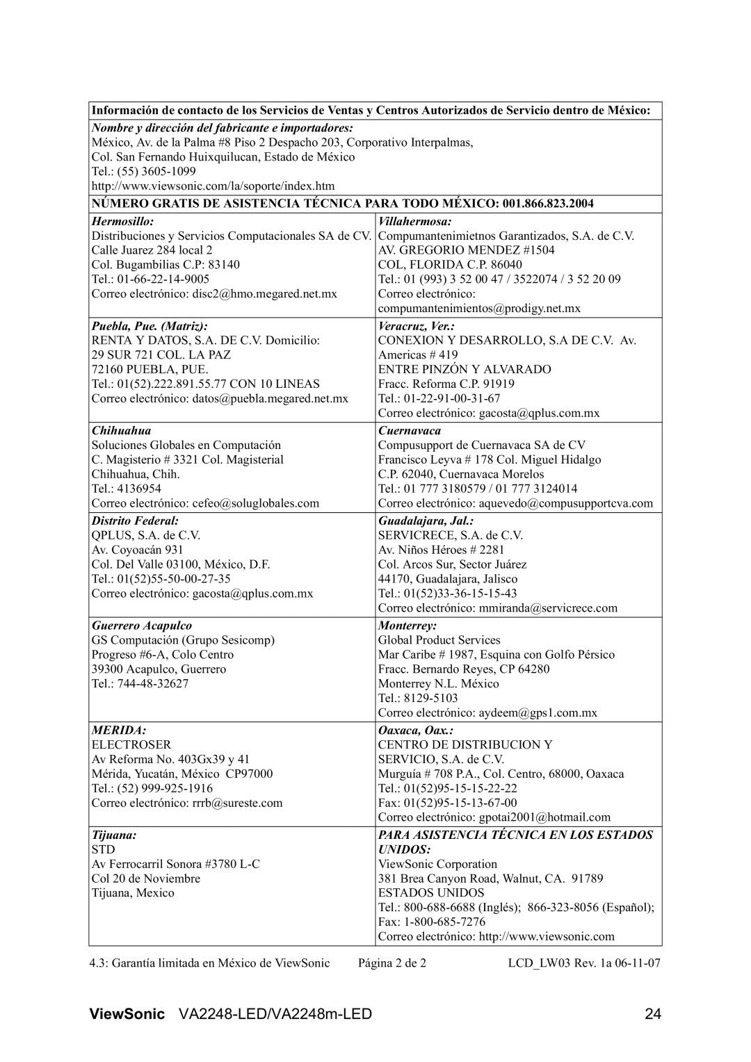 ViewSonic VA2248-LED/VA2248m manual Para Asistencia Técnica EN LOS Estados 