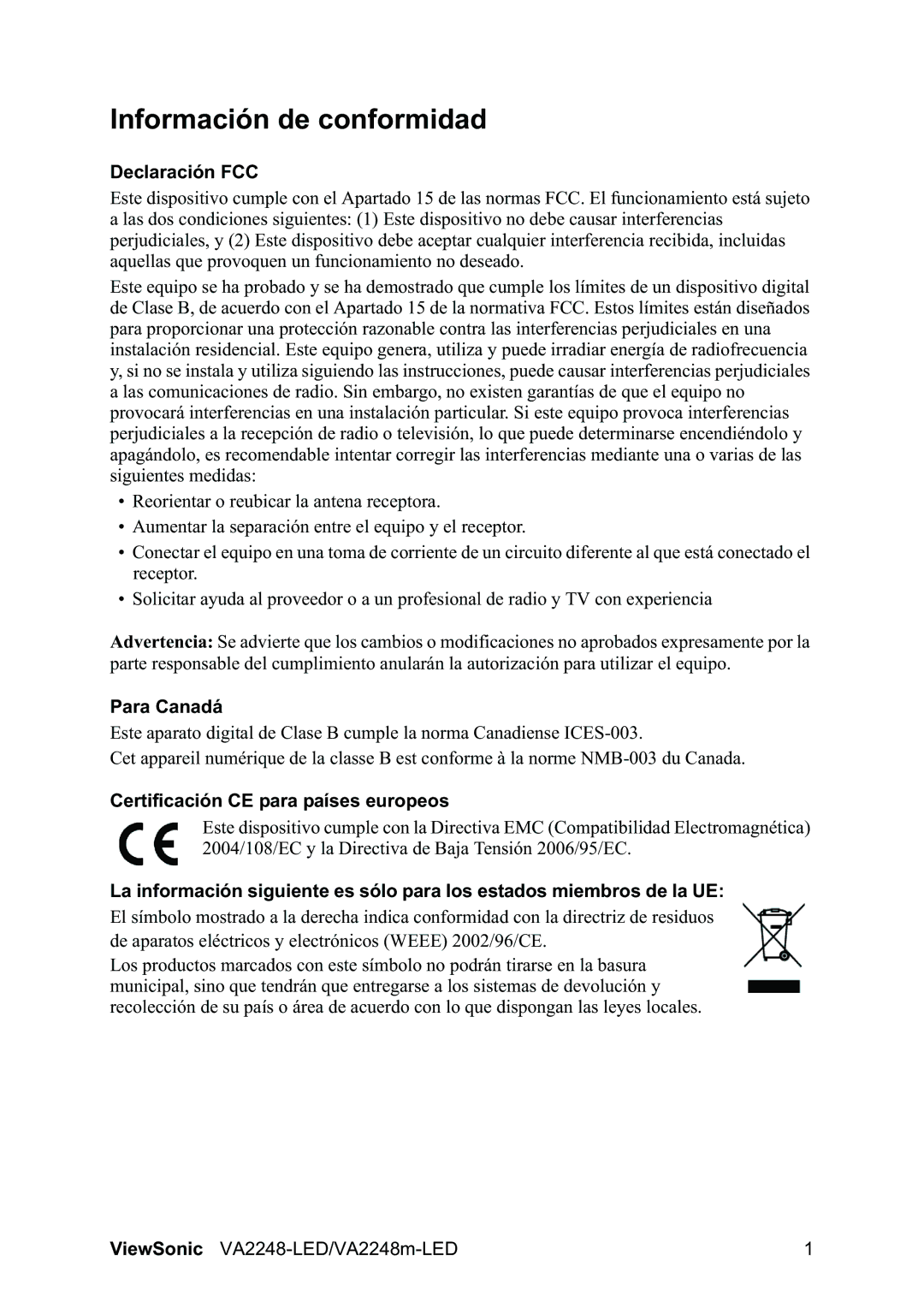 ViewSonic VA2248-LED/VA2248m manual Información de conformidad, Declaración FCC, Para Canadá 