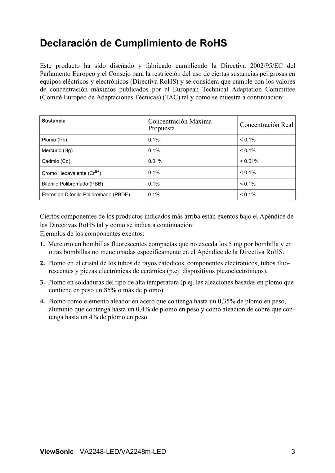 ViewSonic VA2248-LED/VA2248m manual Declaración de Cumplimiento de RoHS, Concentración Máxima Concentración Real Propuesta 