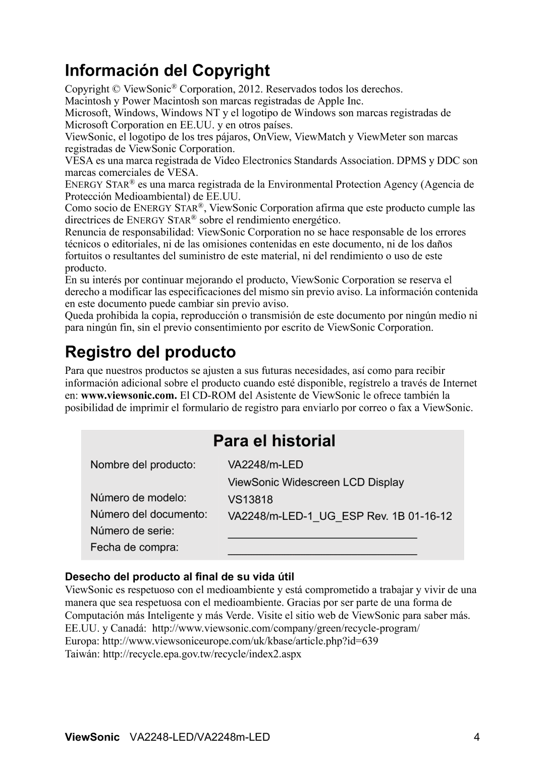 ViewSonic VA2248-LED/VA2248m manual Información del Copyright, Registro del producto Para el historial 