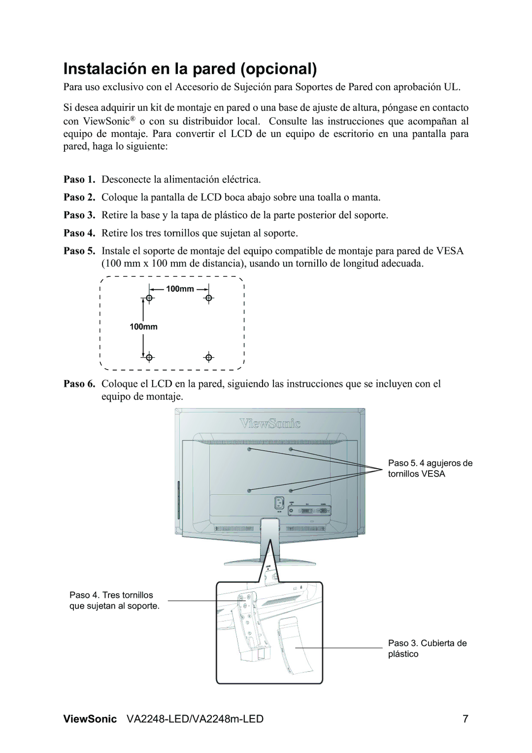 ViewSonic VA2248-LED/VA2248m manual Instalación en la pared opcional 