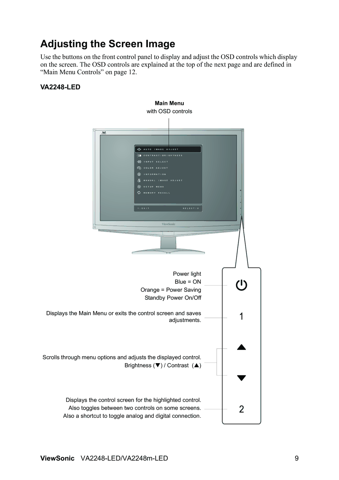 ViewSonic VA2248MLED warranty Adjusting the Screen Image, VA2248-LED 