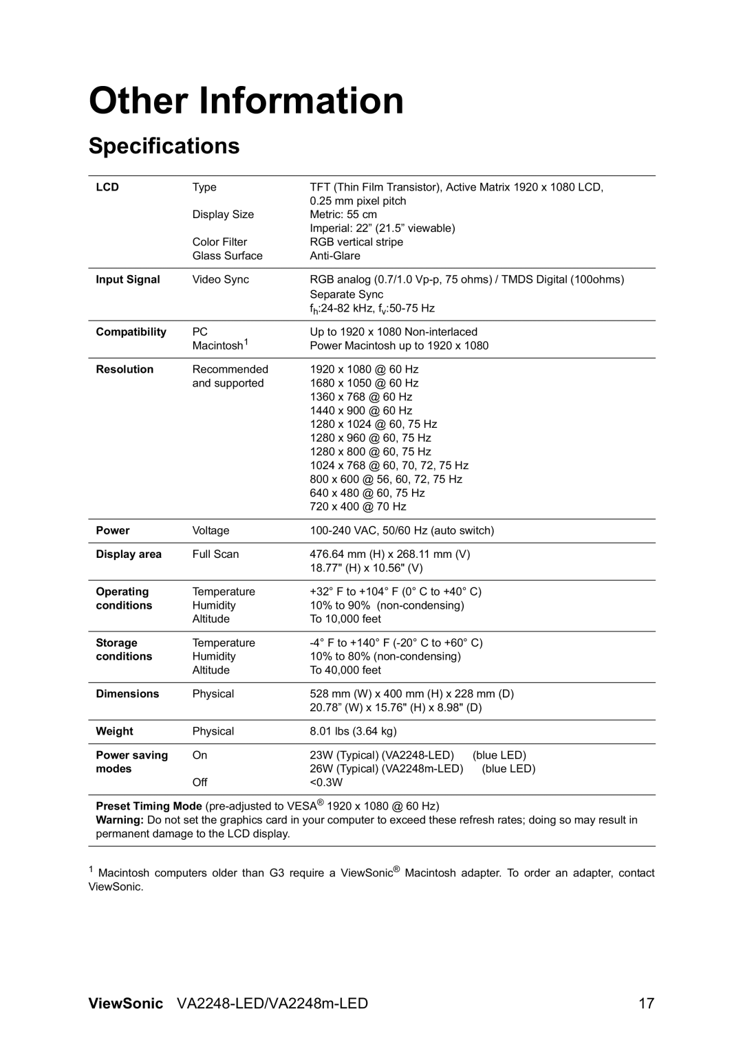 ViewSonic VA2248MLED warranty Other Information, Specifications 