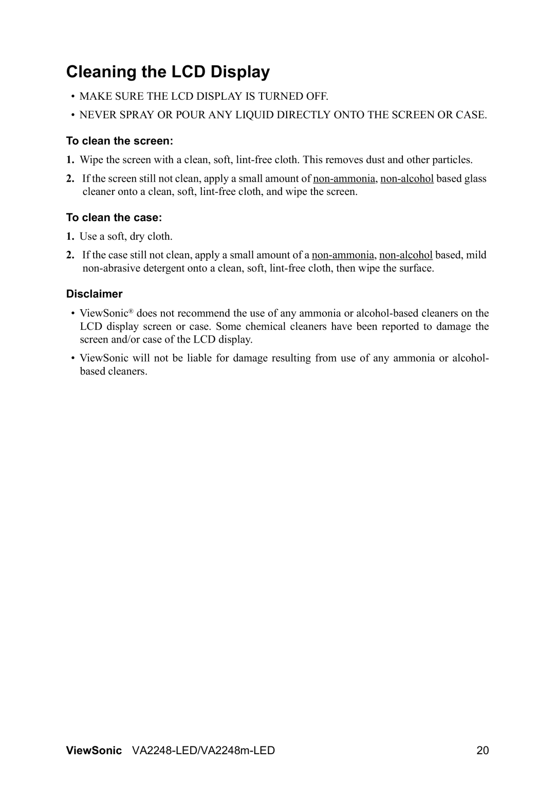 ViewSonic VA2248MLED warranty Cleaning the LCD Display, To clean the screen, To clean the case, Disclaimer 