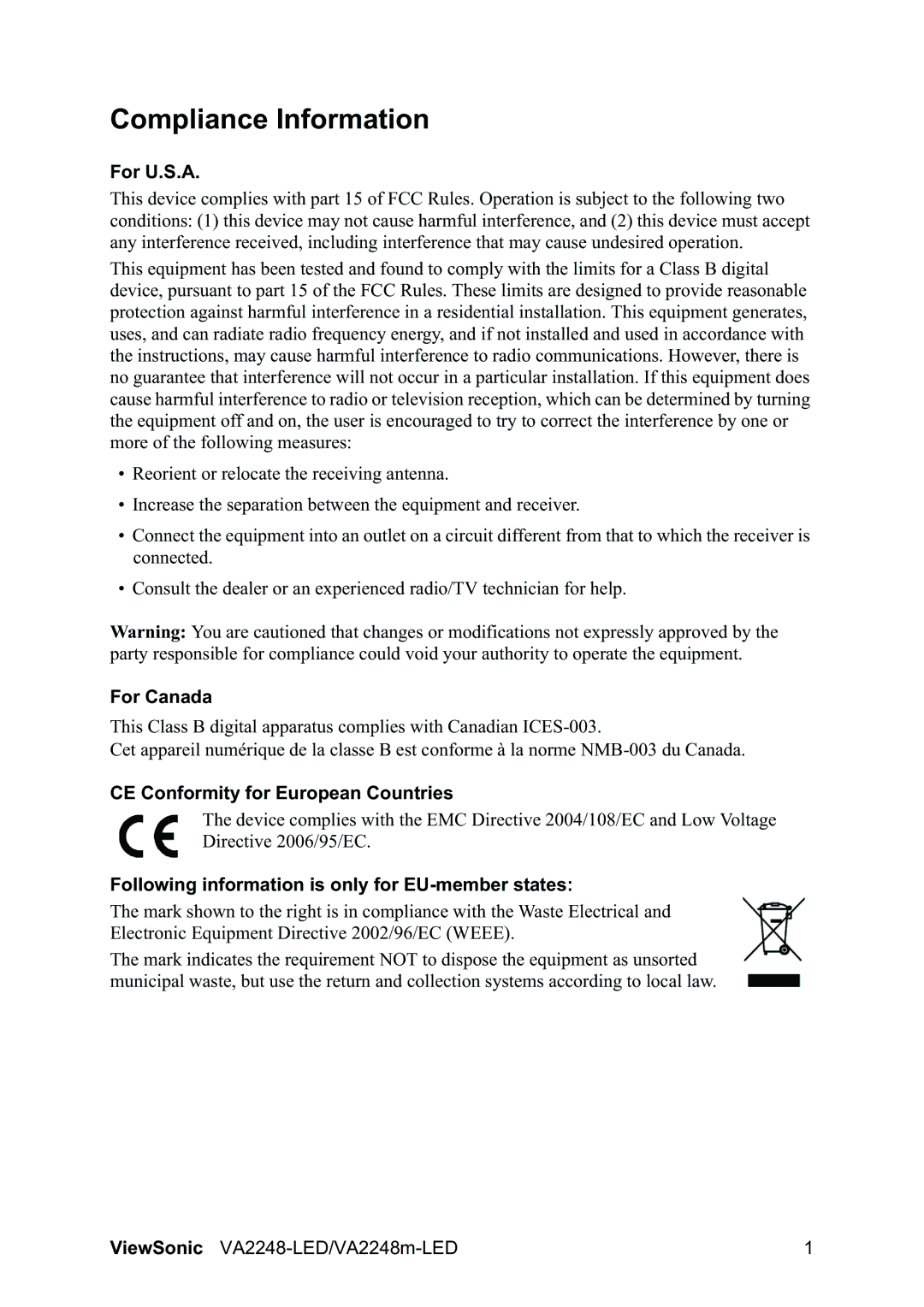 ViewSonic VA2248MLED warranty Compliance Information, For U.S.A, For Canada, CE Conformity for European Countries 