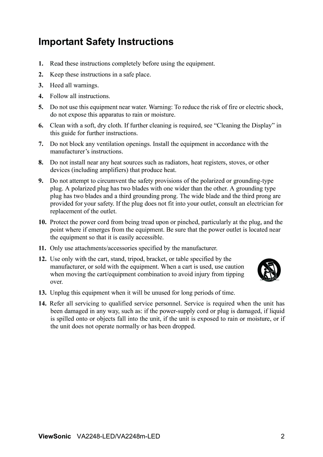 ViewSonic VA2248MLED warranty Important Safety Instructions 