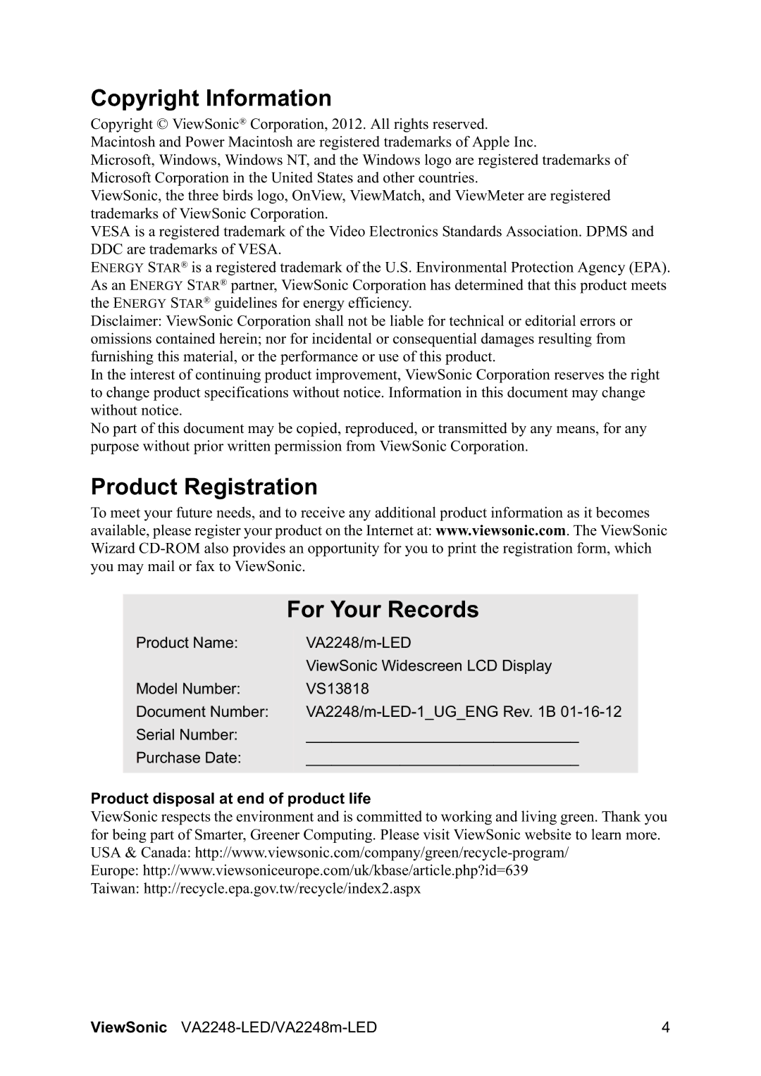 ViewSonic VA2248MLED Copyright Information, Product Registration For Your Records, Product disposal at end of product life 