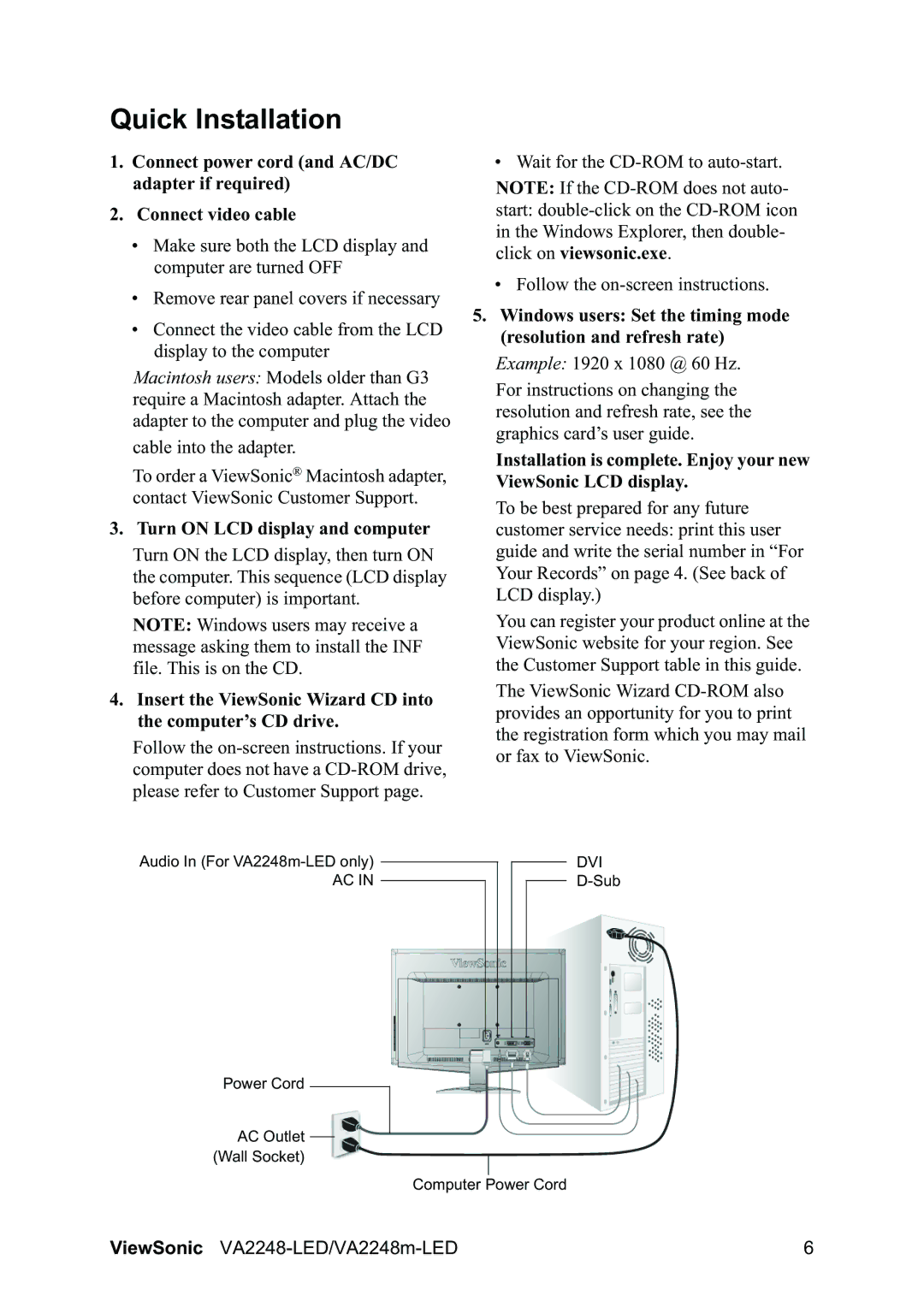 ViewSonic VA2248MLED warranty Quick Installation, Turn on LCD display and computer 