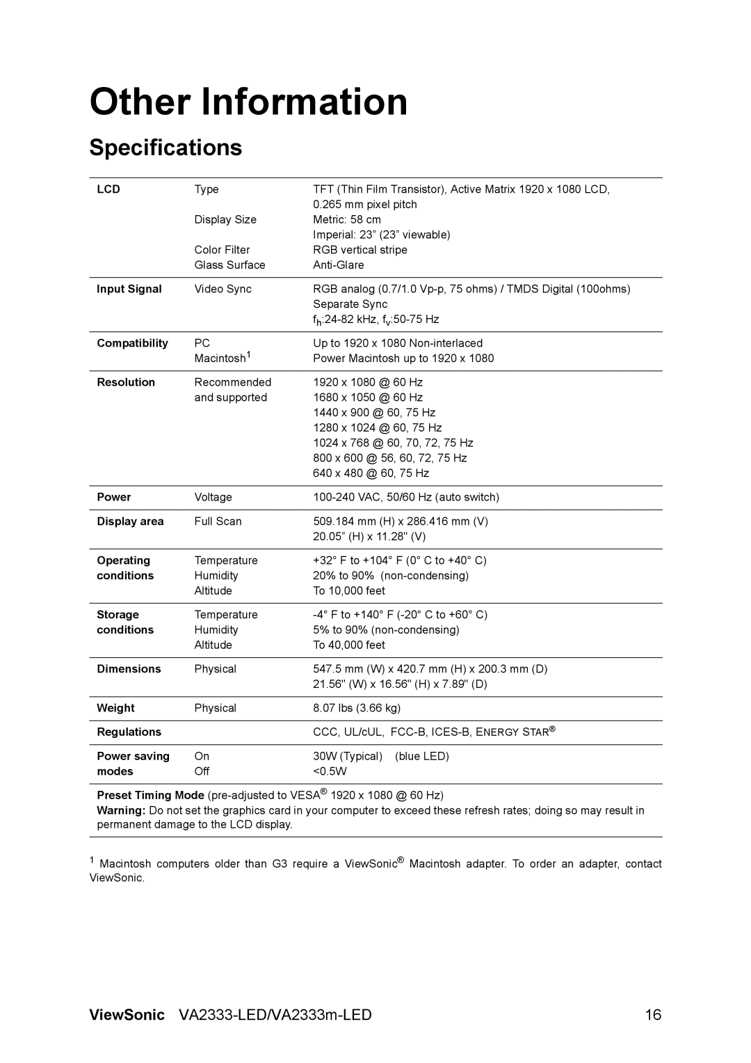 ViewSonic VA2333-LED, VA2333M-LED warranty Other Information, Specifications 