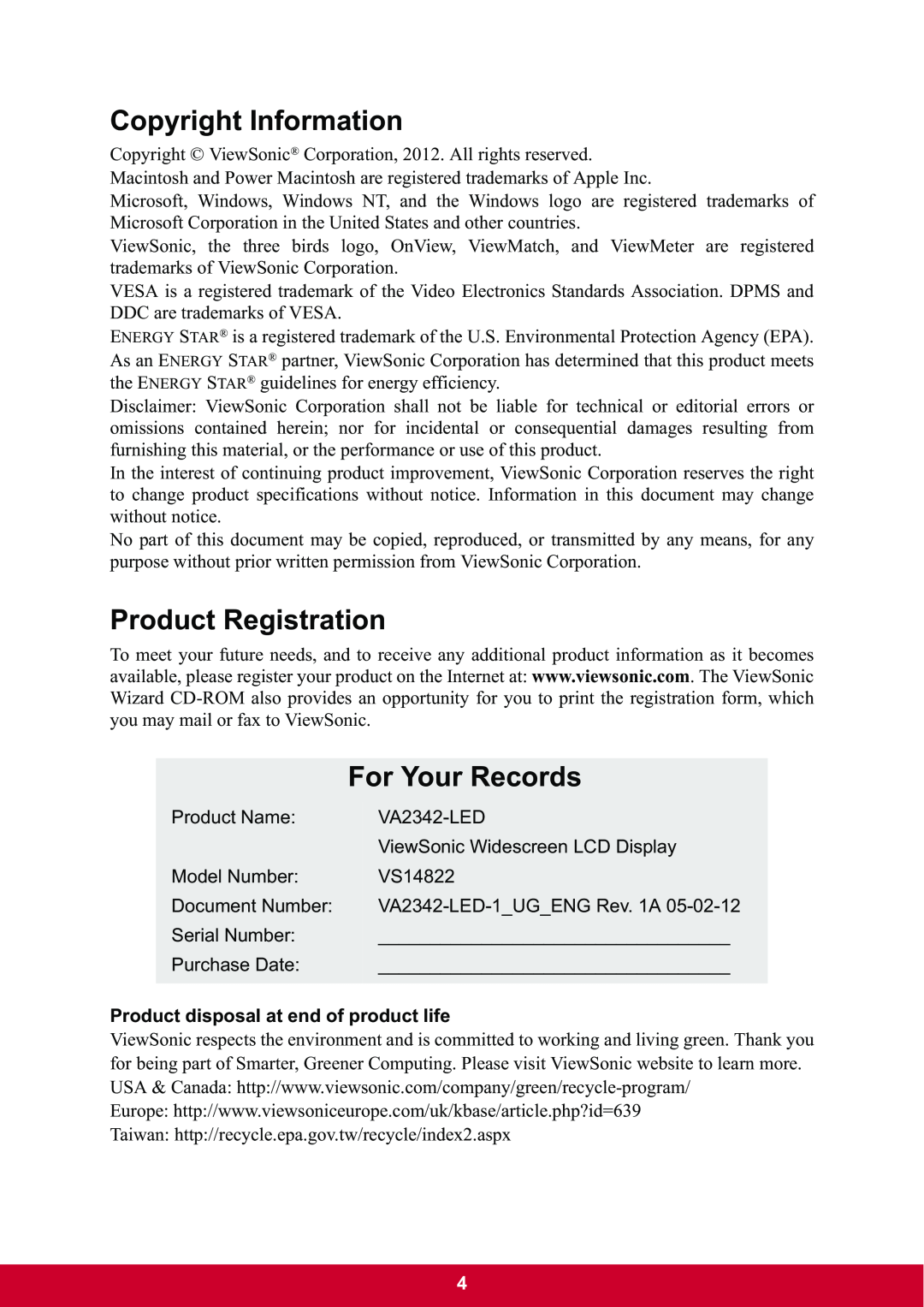 ViewSonic VA2342-LED warranty Copyright Information, Product Registration, For Your Records 