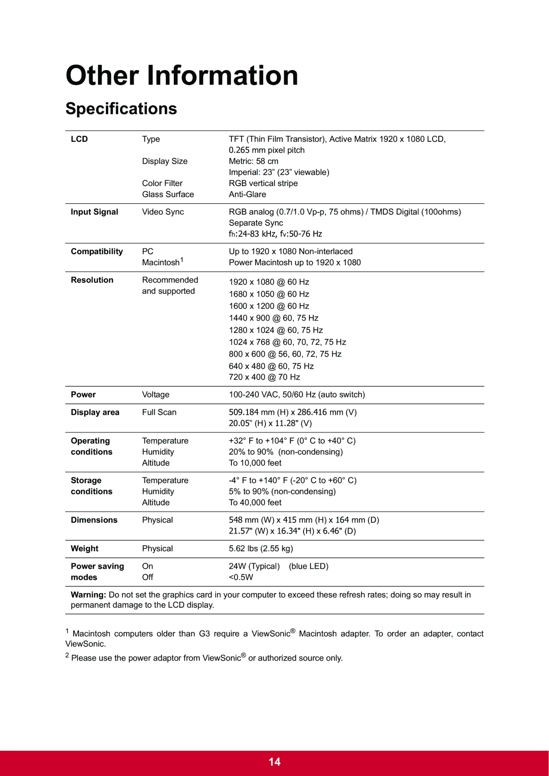 ViewSonic VA2342-LED warranty Other Information, Specifications 