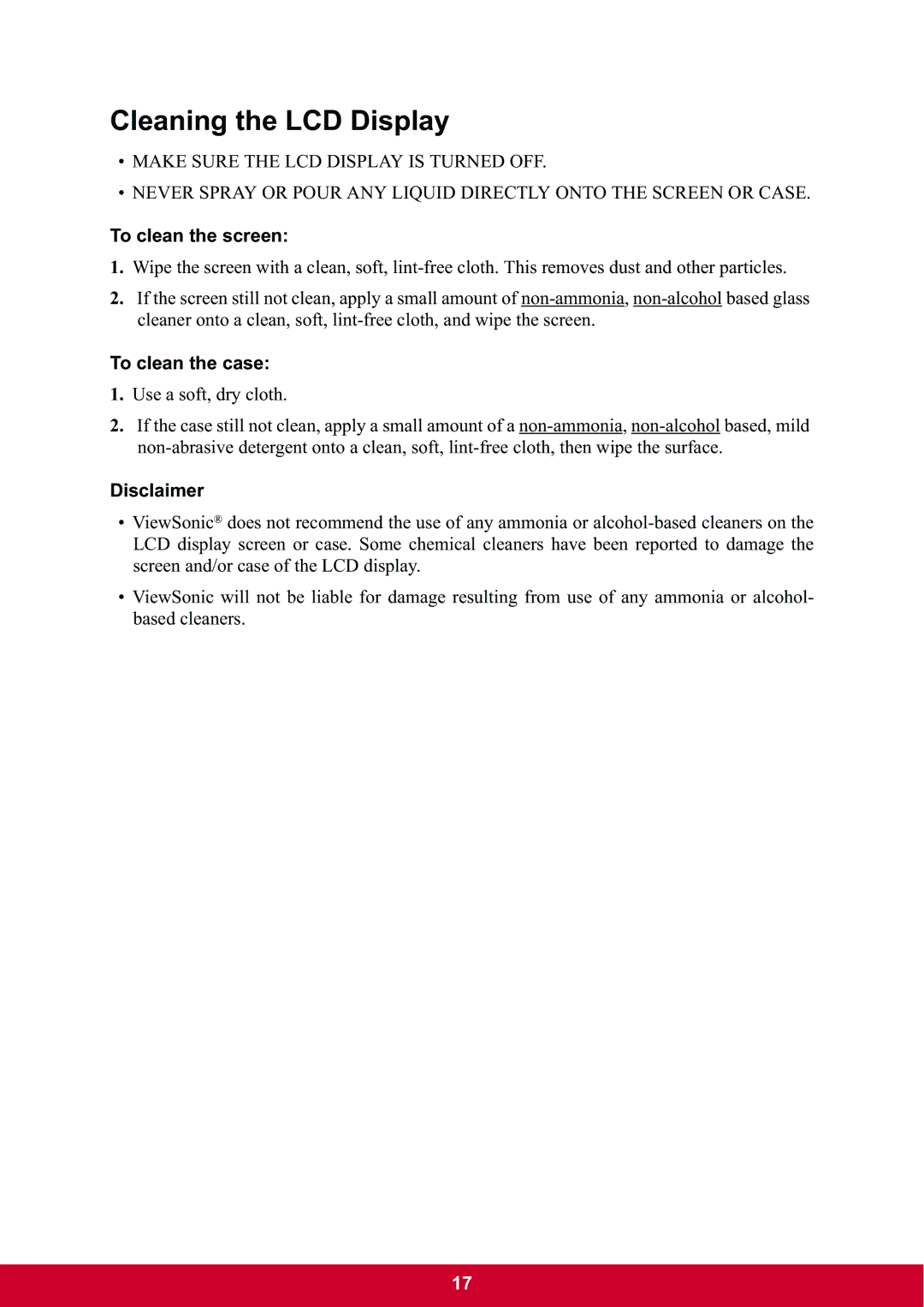 ViewSonic VA2342-LED warranty Cleaning the LCD Display, To clean the screen, To clean the case, Disclaimer 
