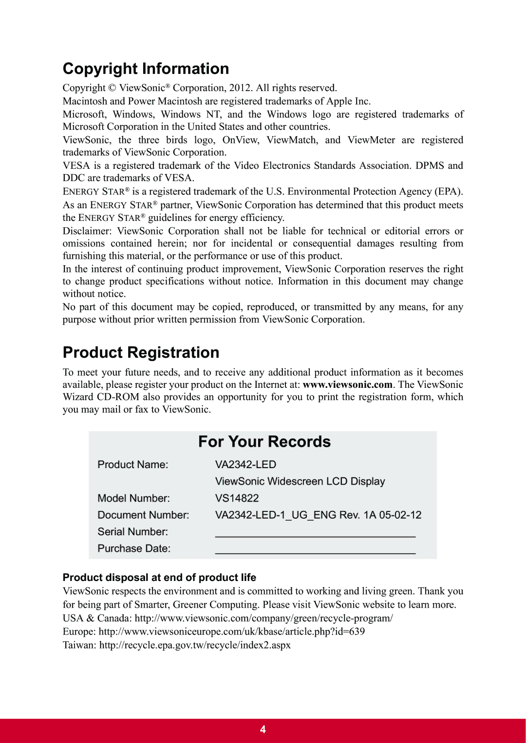 ViewSonic VA2342-LED Copyright Information, Product Registration For Your Records, Product disposal at end of product life 