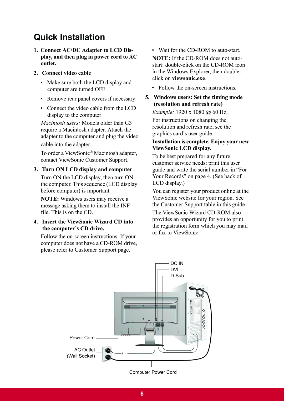 ViewSonic VA2342-LED warranty Quick Installation, Turn on LCD display and computer 