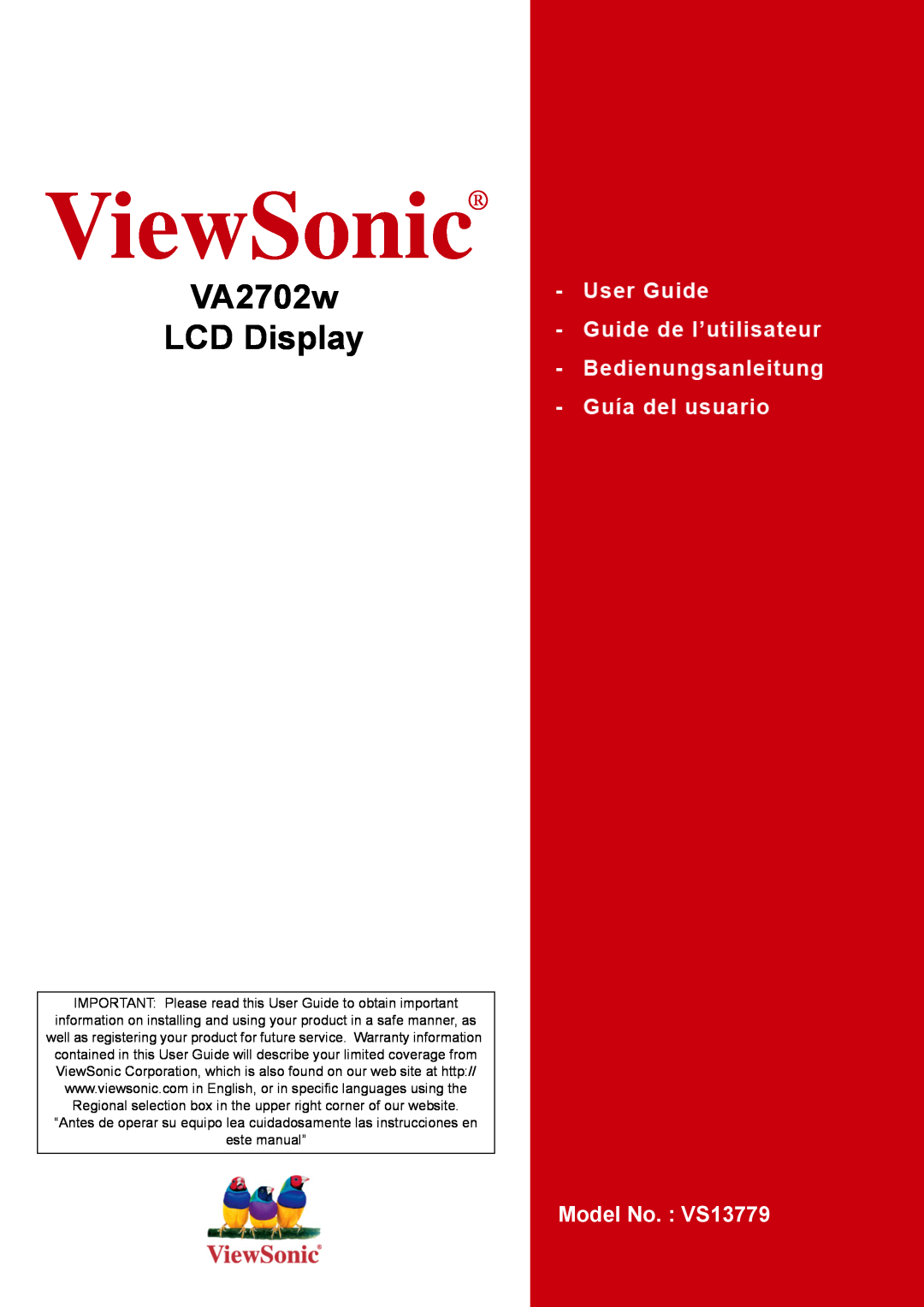 ViewSonic VA2702W warranty ViewSonic, VA2702w LCD Display, Model No. VS13779 