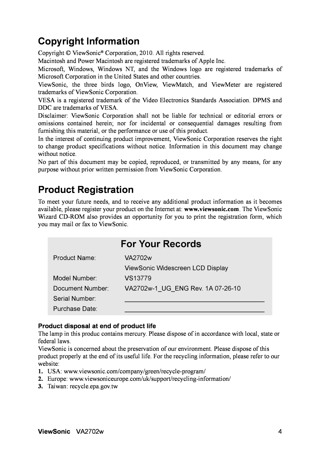 ViewSonic VA2702W Copyright Information, Product Registration, For Your Records, Product disposal at end of product life 