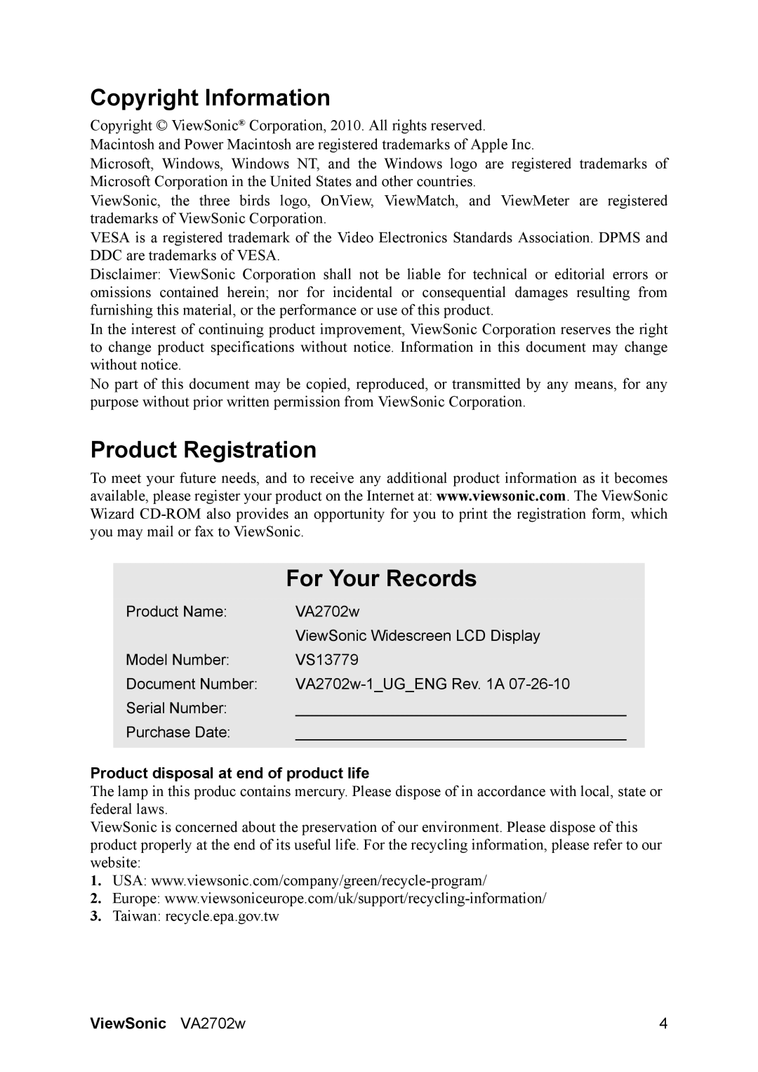 ViewSonic VA2702W Copyright Information, Product Registration For Your Records, Product disposal at end of product life 