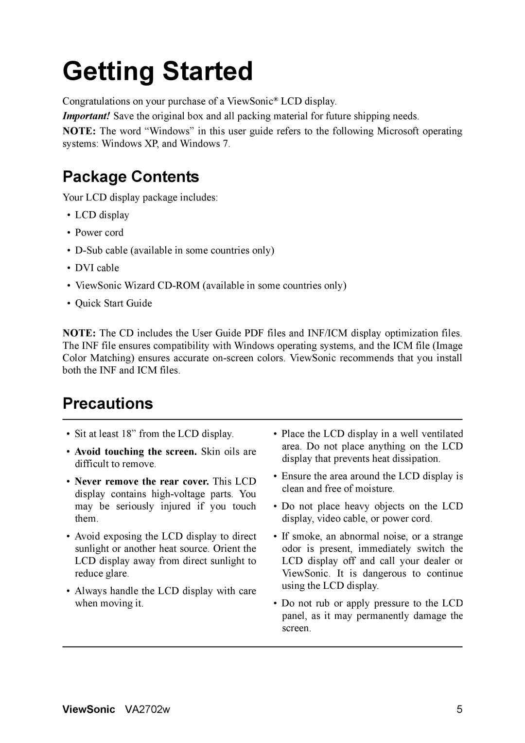 ViewSonic VA2702W warranty Getting Started, Package Contents, Precautions 