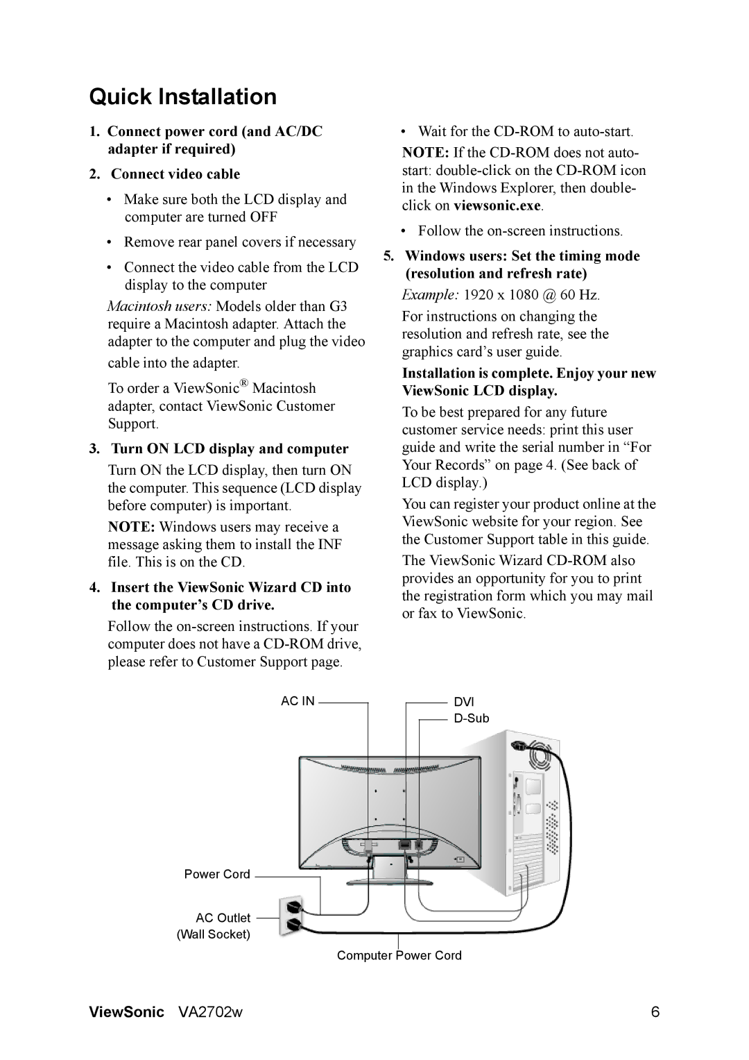 ViewSonic VA2702W warranty Quick Installation, Turn on LCD display and computer 