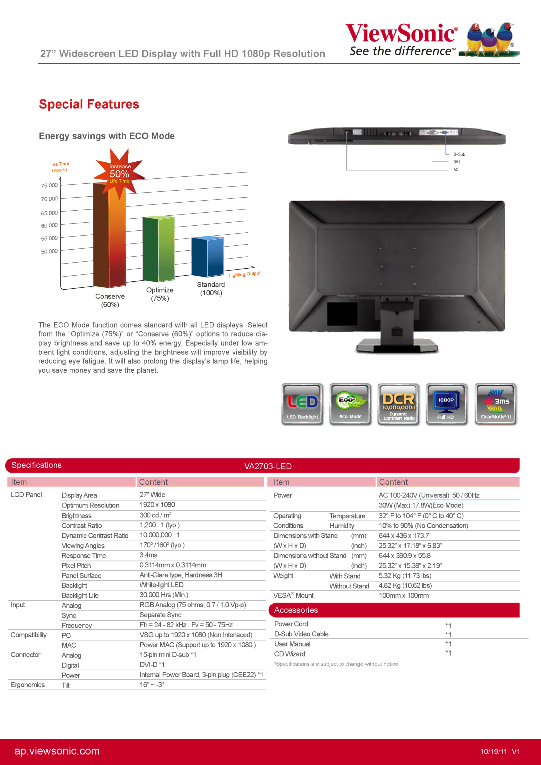 ViewSonic VA2703-LED manual Special Features 