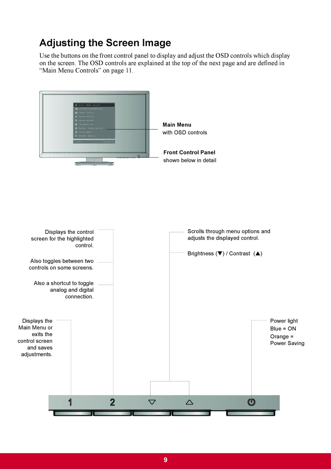 ViewSonic VA2703 warranty Adjusting the Screen Image, Front Control Panel 