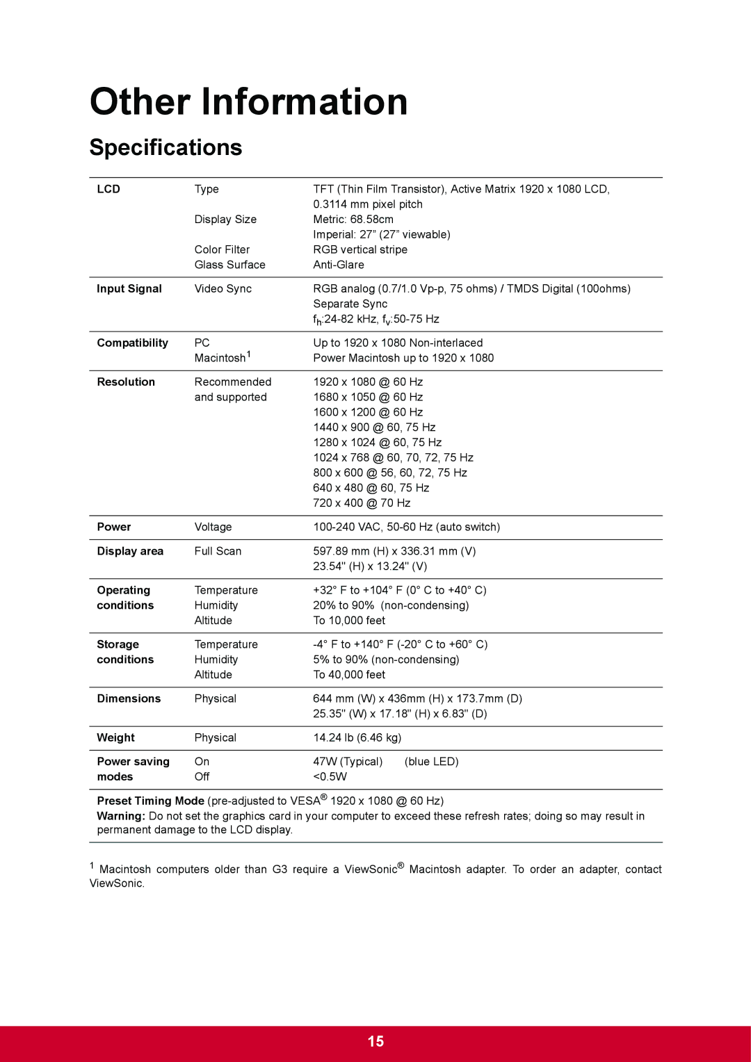 ViewSonic VA2703 warranty Other Information, Specifications 