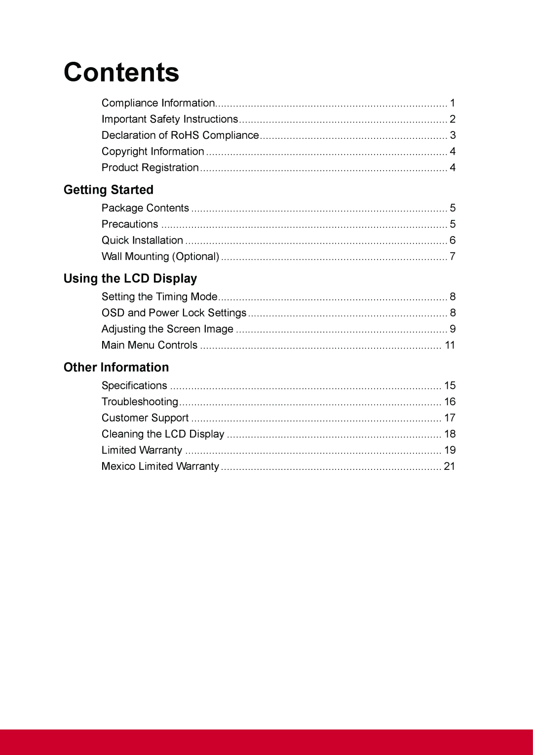 ViewSonic VA2703 warranty Contents 