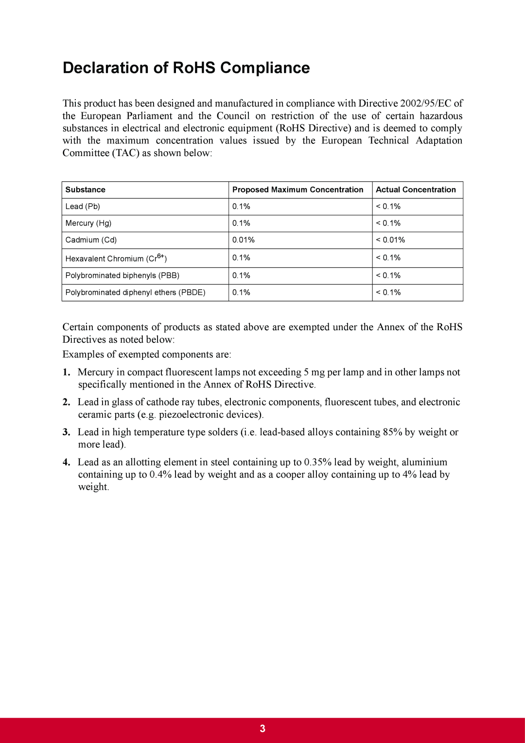 ViewSonic VA2703 warranty Declaration of RoHS Compliance 