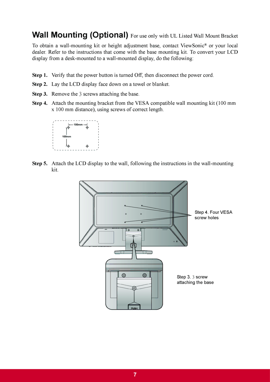 ViewSonic VA2703 warranty Four Vesa screw holes Screw attaching the base 