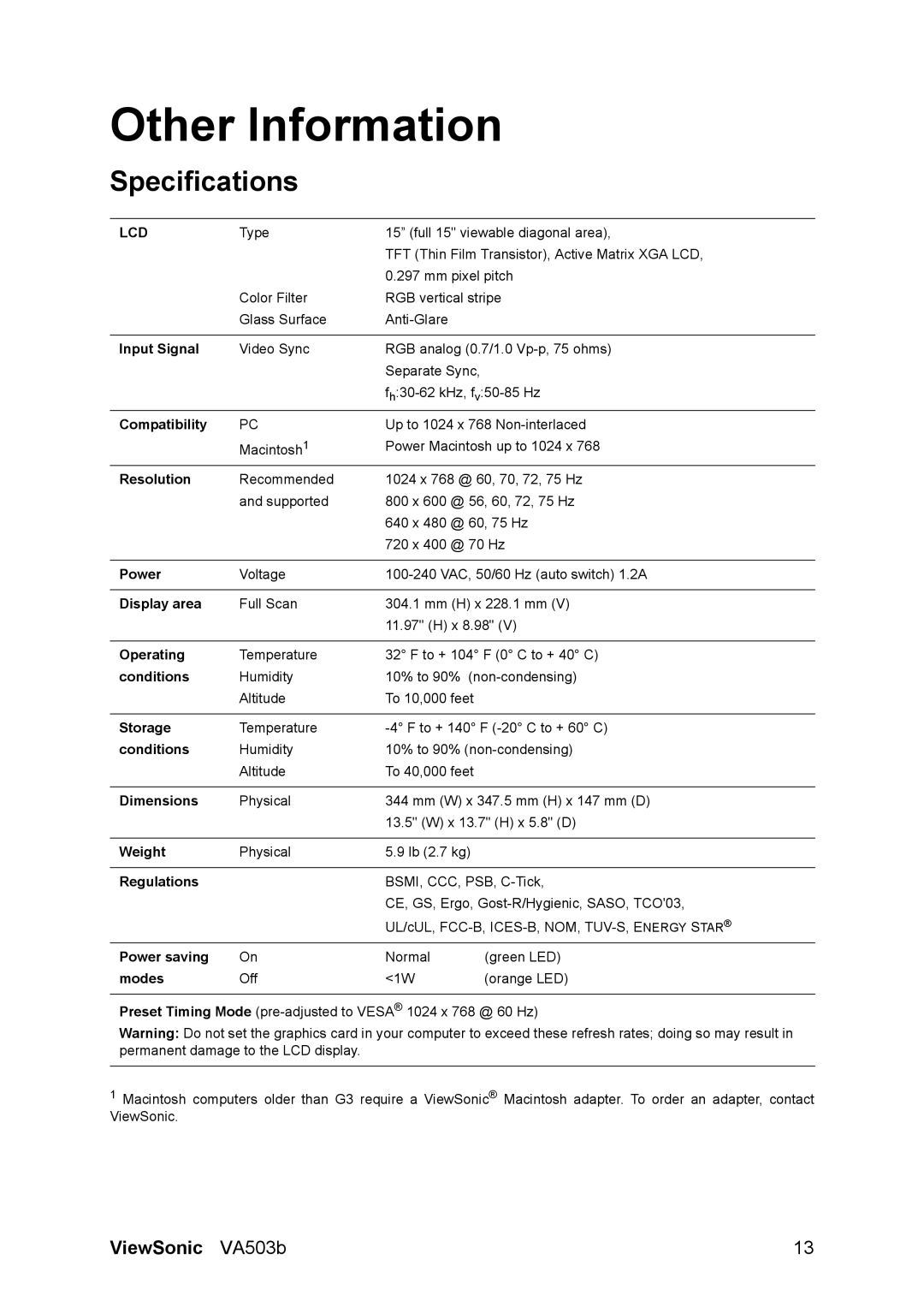 ViewSonic VA503B manual Other Information, Specifications 