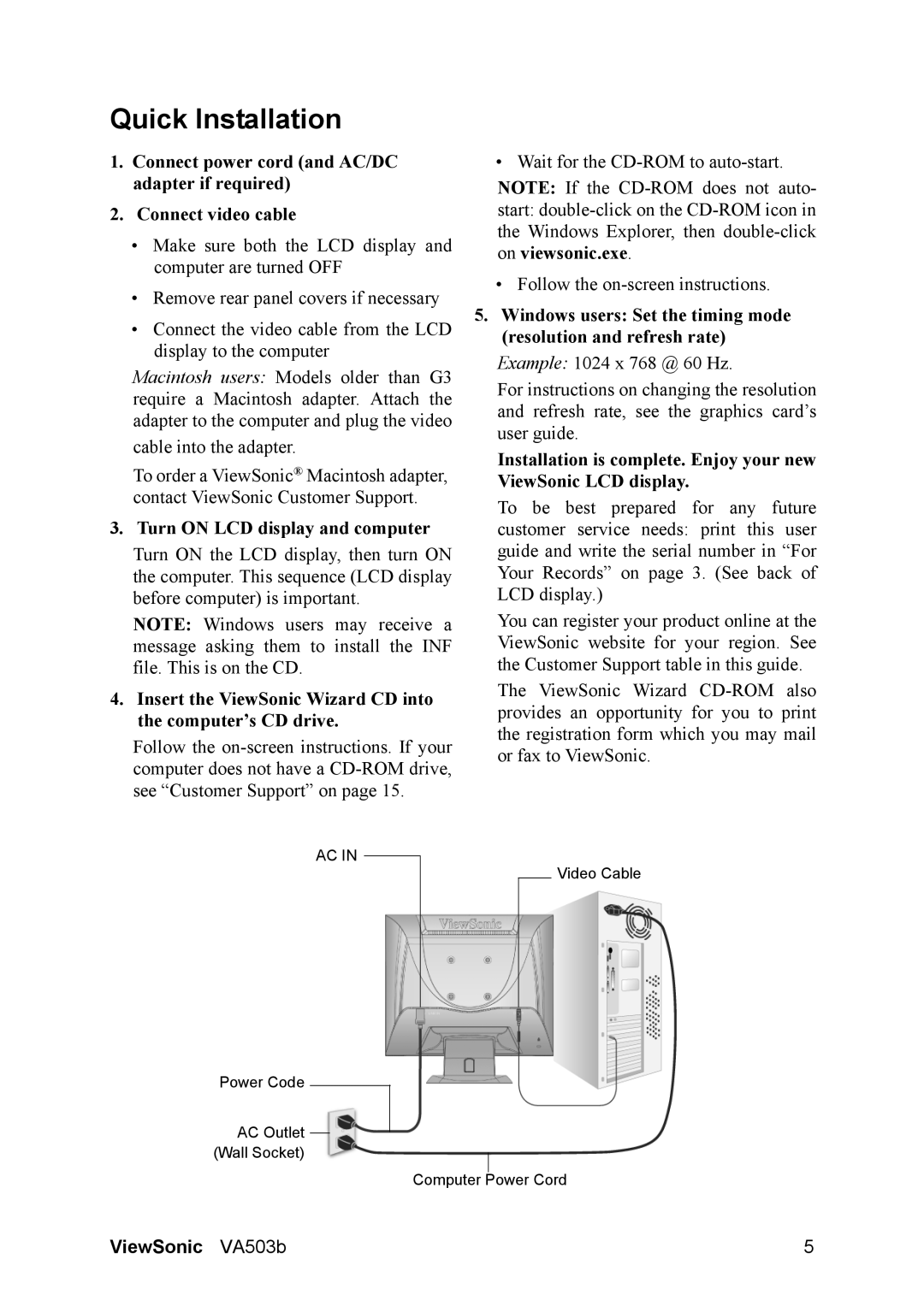 ViewSonic VA503B manual Quick Installation, Turn on LCD display and computer 