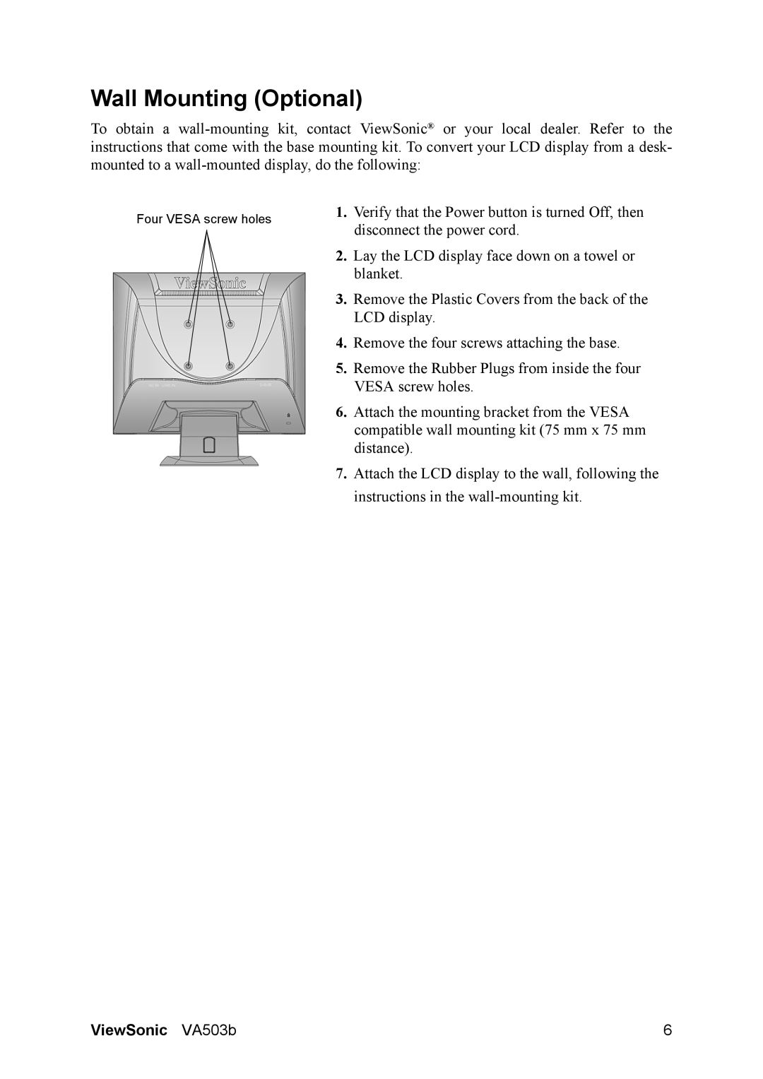 ViewSonic VA503B manual Wall Mounting Optional 