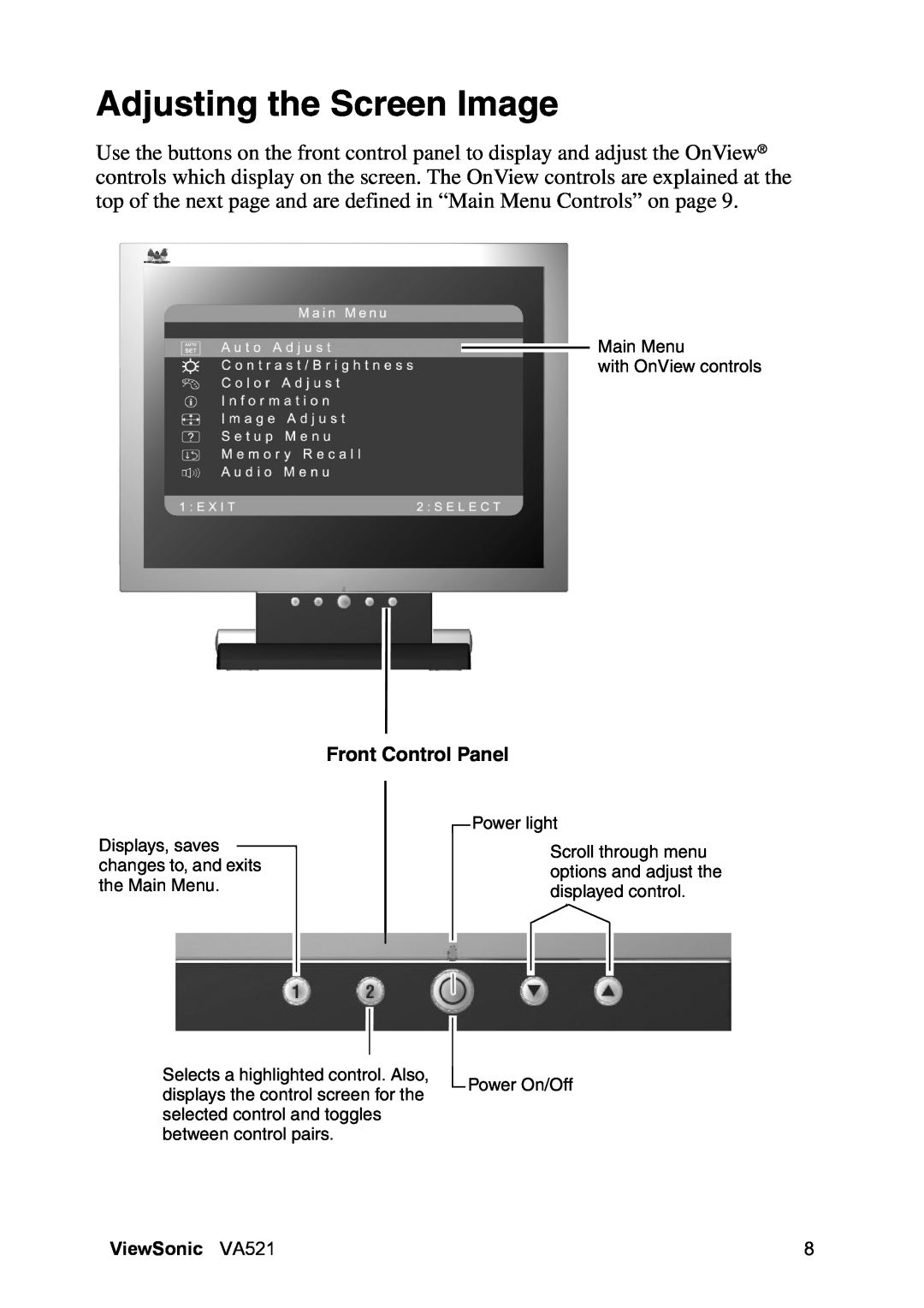 ViewSonic VA521 manual Adjusting the Screen Image, Front Control Panel 