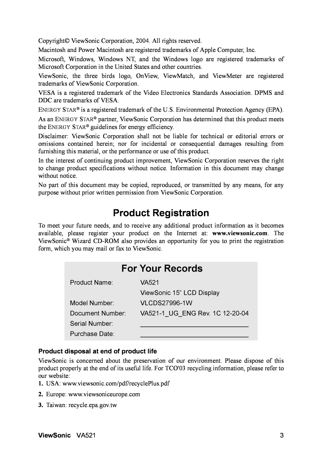 ViewSonic VA521 manual Product Registration, For Your Records, Product Name, ViewSonic 15” LCD Display, Model Number 