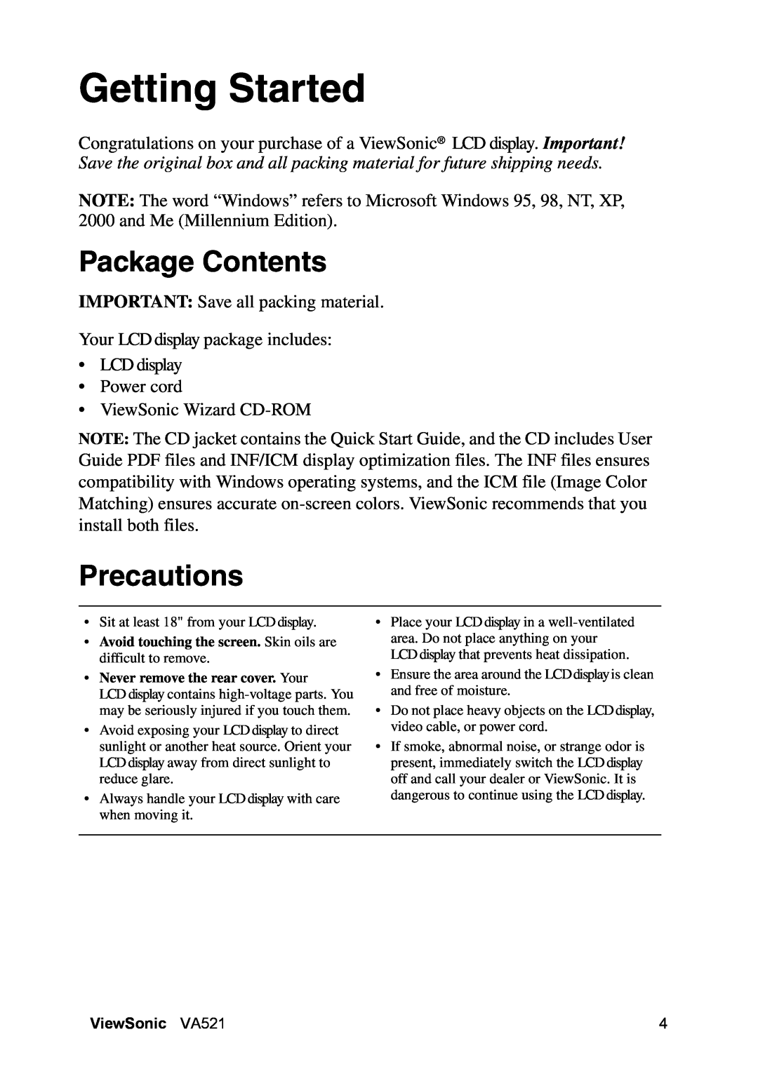 ViewSonic VA521 manual Getting Started, Package Contents, Precautions 
