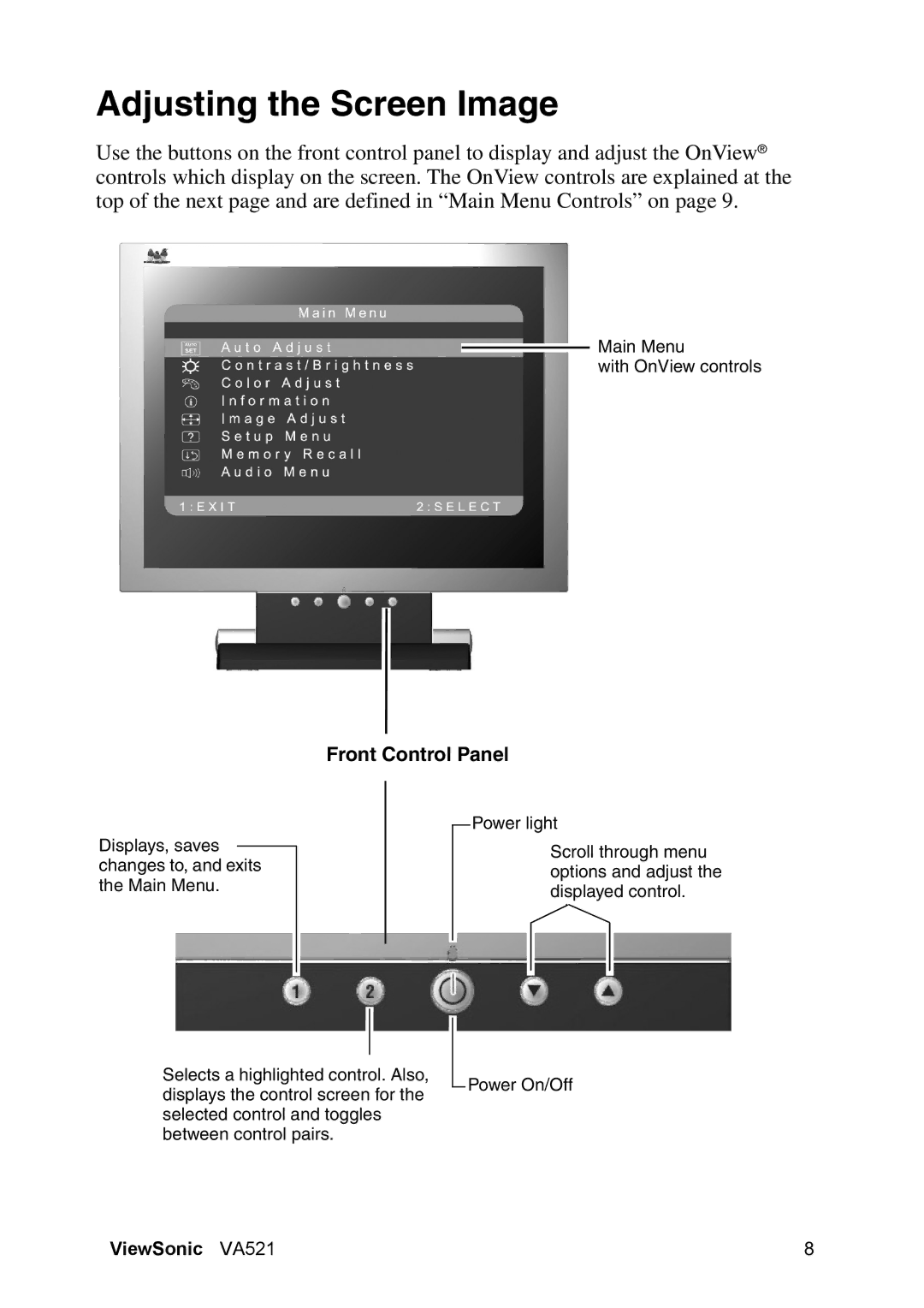 ViewSonic VA521 manual Adjusting the Screen Image, Front Control Panel 