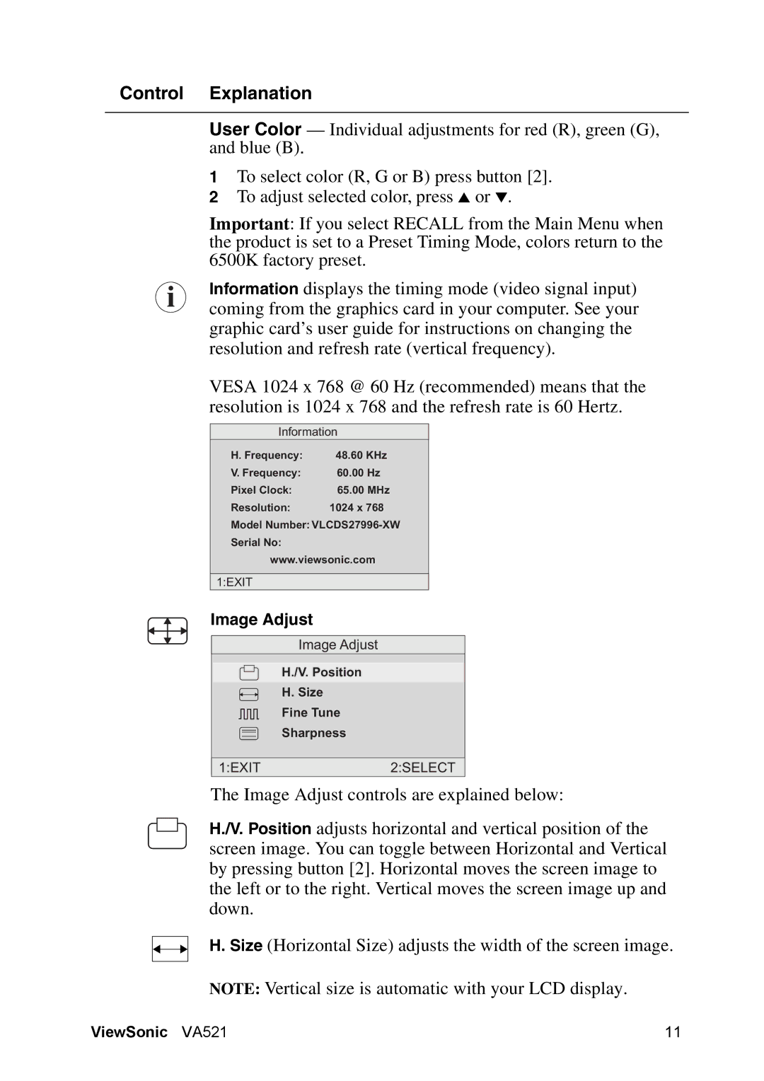 ViewSonic VA521 manual Image Adjust 