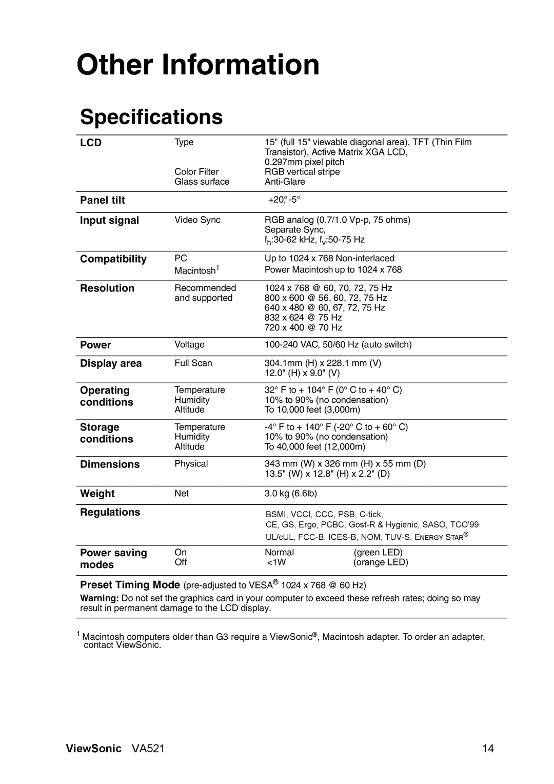 ViewSonic VA521 manual Other Information, Specifications 