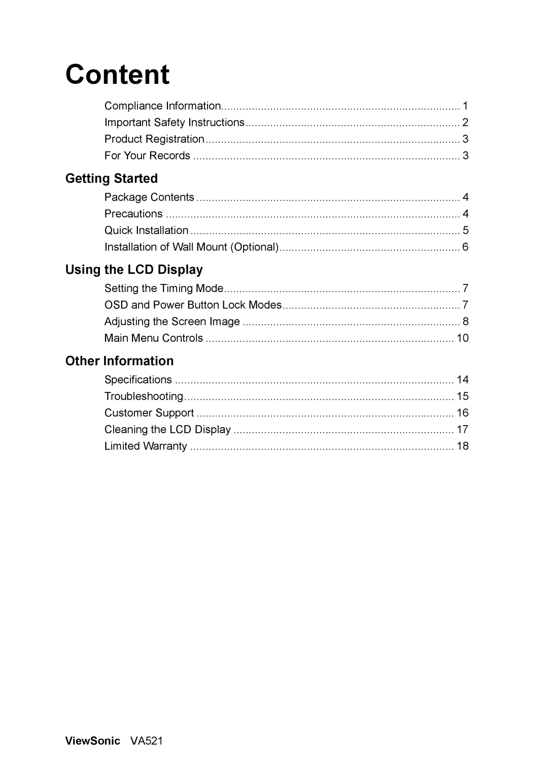 ViewSonic manual Content, ViewSonic VA521 