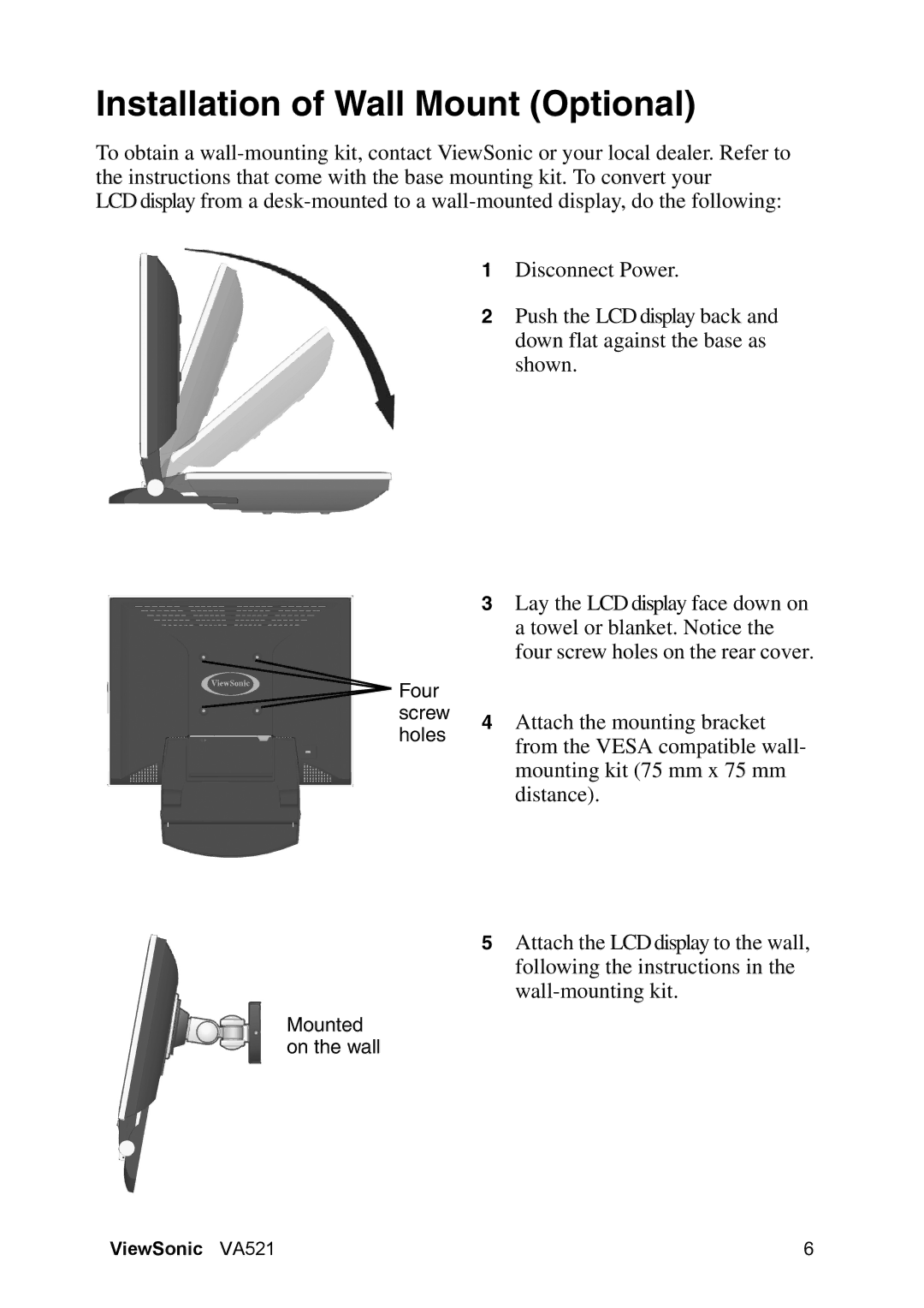 ViewSonic VA521 manual Installation of Wall Mount Optional 