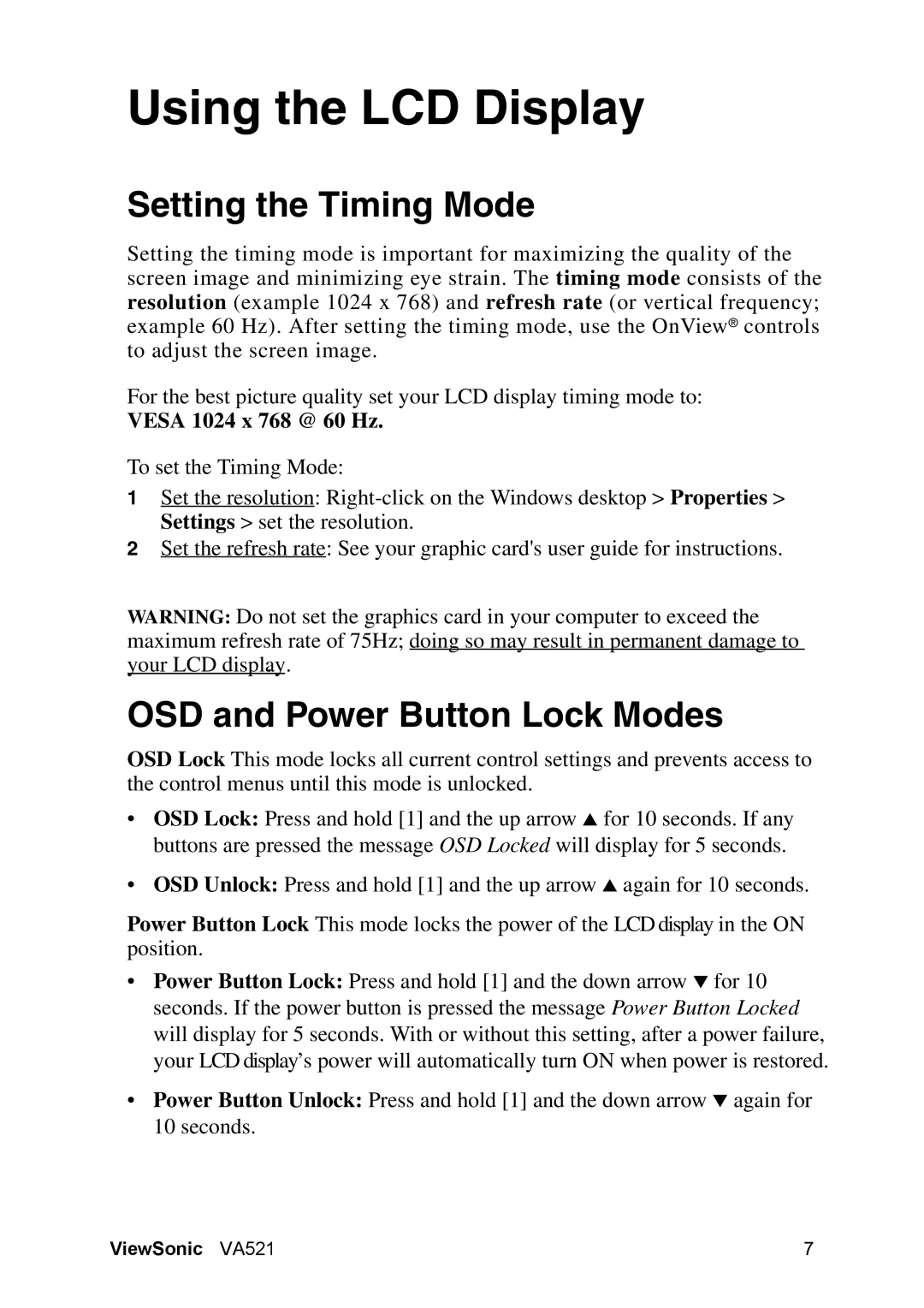 ViewSonic VA521 manual Setting the Timing Mode, OSD and Power Button Lock Modes 